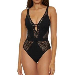 Becca By Rebecca Virtue Color Play Show & Tell Crochet Plunge Neck One Piece Swi